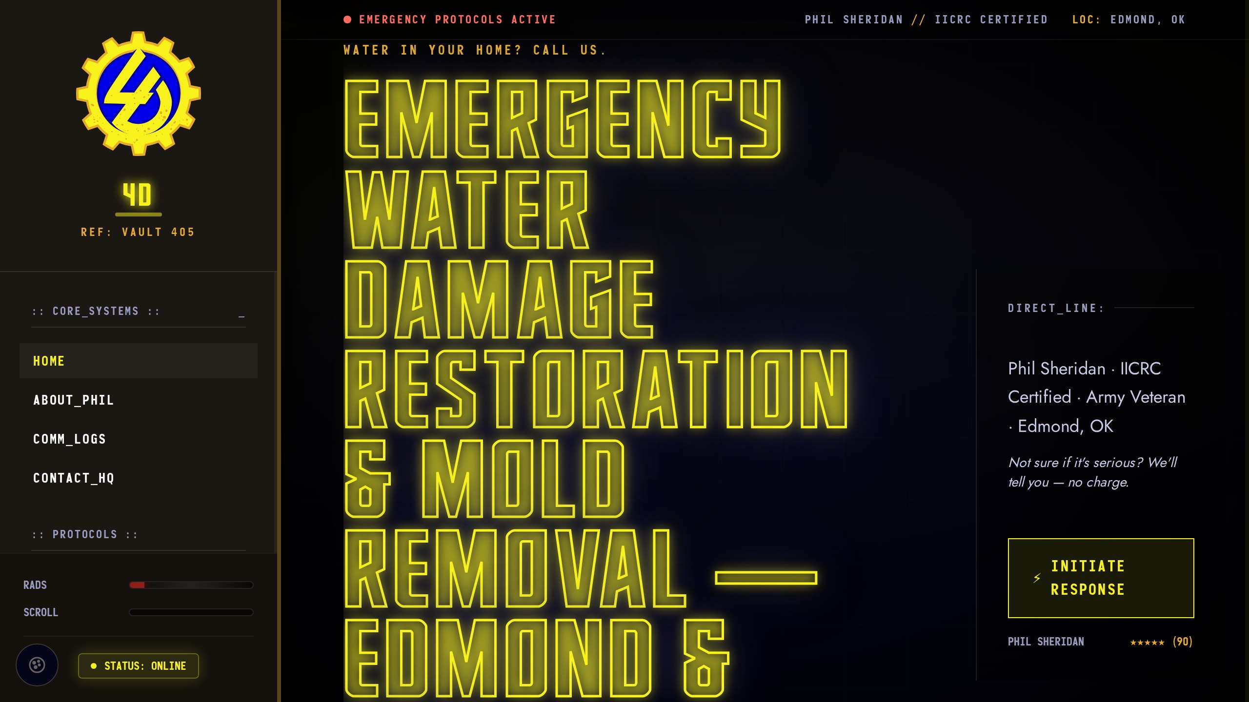 Live 4D Restoration homepage for emergency water damage restoration, Phil Sheridan's company