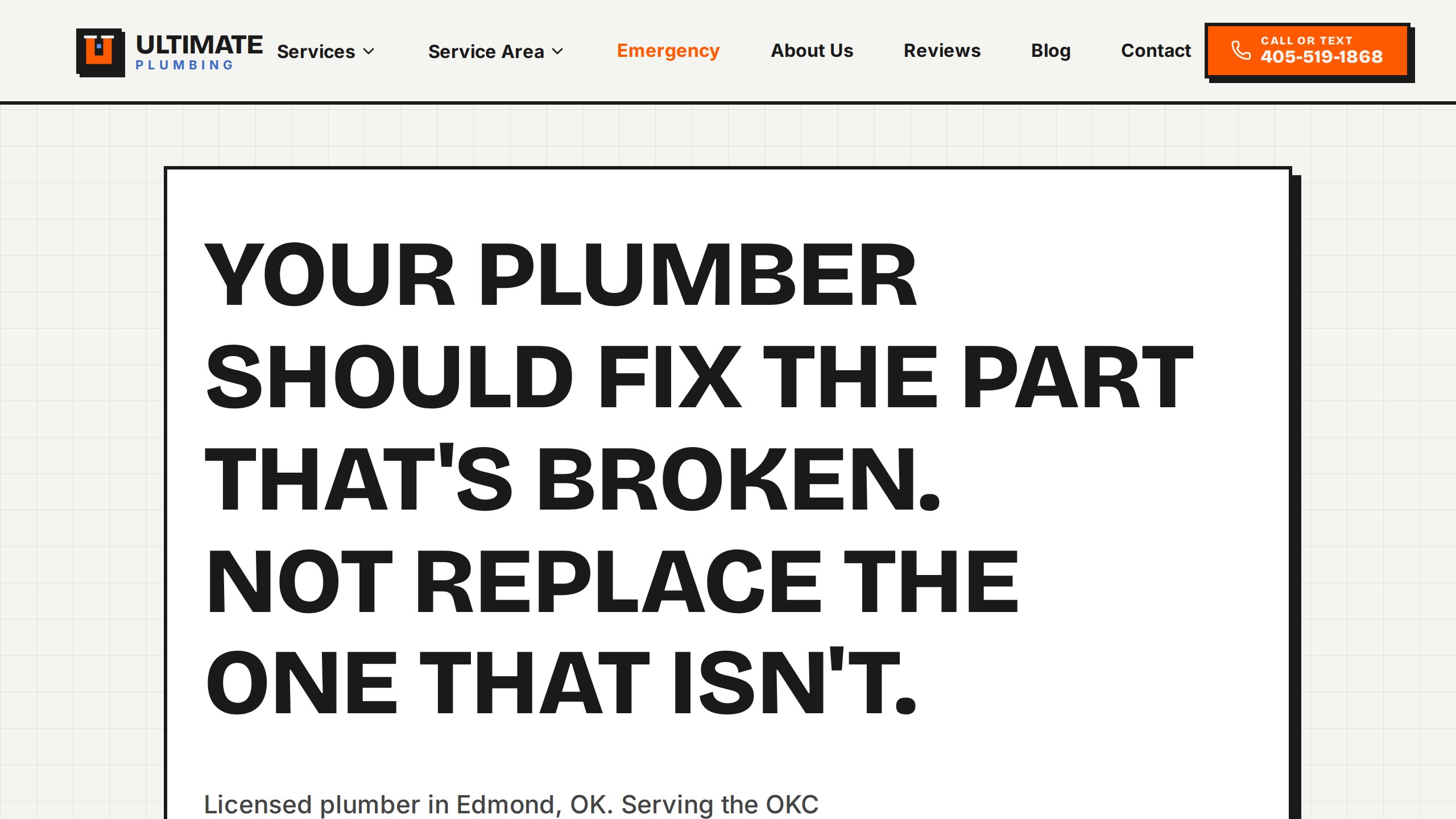 Live Ultimate Plumbing homepage showing its repair-first positioning and call action